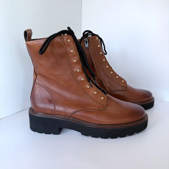 NIB Paul Green Joan Lace-Up Combat Ankle Bootie in Cognac Brown Leather Size 6 - Picture 4 of 11